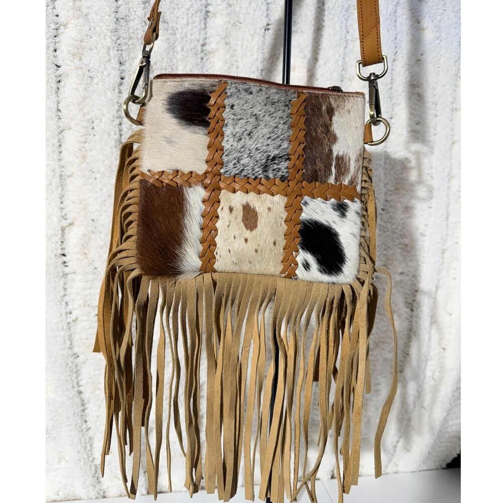 Genuine Cowhide Fringe Crossbody Bag Western Boho Hair on Hide Leather Purse